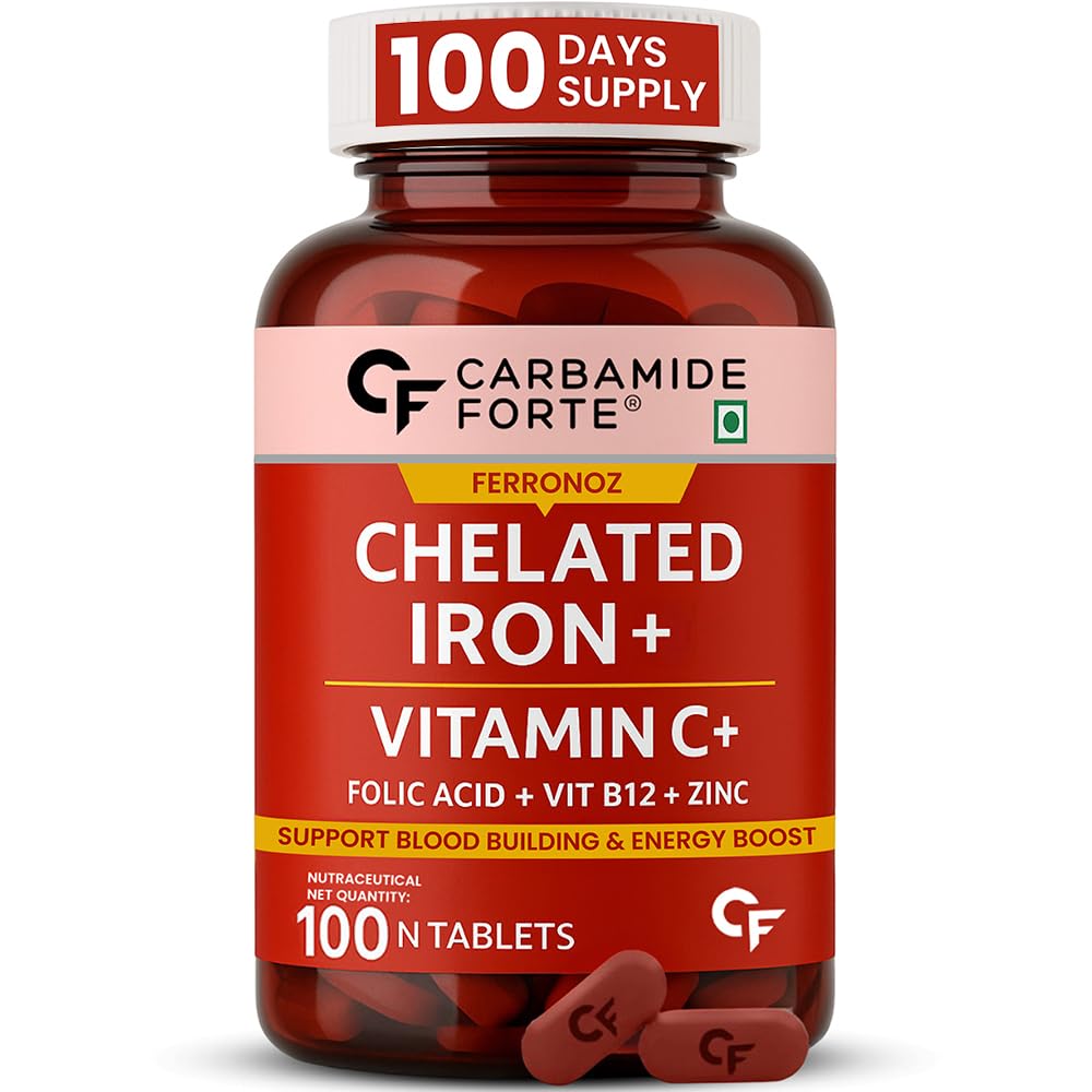 Carbamide Forte Chelated Iron Supplement for Women and Men | Folic Acid Tablets for Pregnancy | Hemoglobin Booster | 100 Veg Tablets for Hair Growth with Iron Bisglycinate