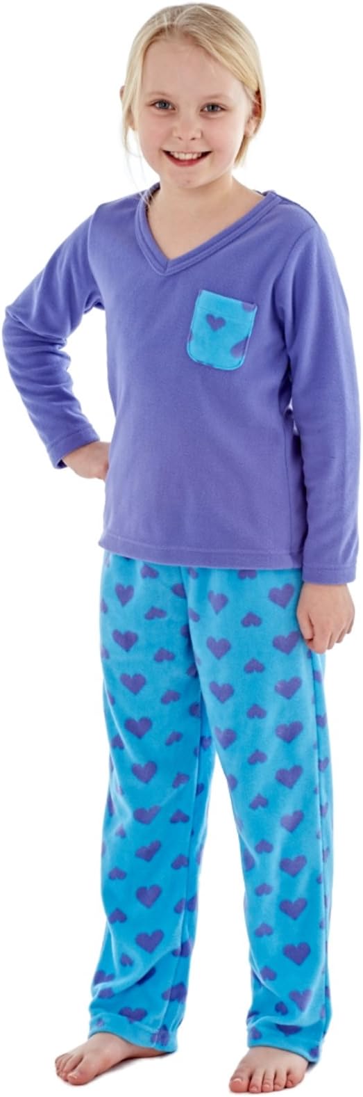 Girls Rosie Warm V Neck Micro Polar Fleece Pyjama Purple or Aqua 7 to 13 Years.