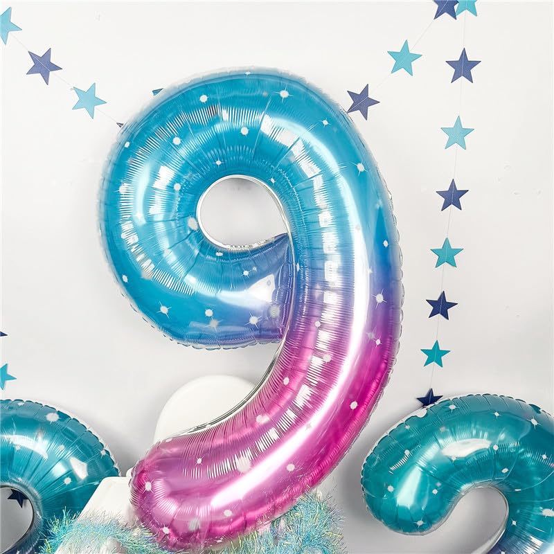 Image of Mermaid Starry Number 9 Balloons, 40 Inch Large Purple Blue Pink Foil Number Balloons Set 0-9 for Girls, Globos de Numero 9 Helium Balloon for 9th Age Birthday Anniversary Party Decorations Supplies