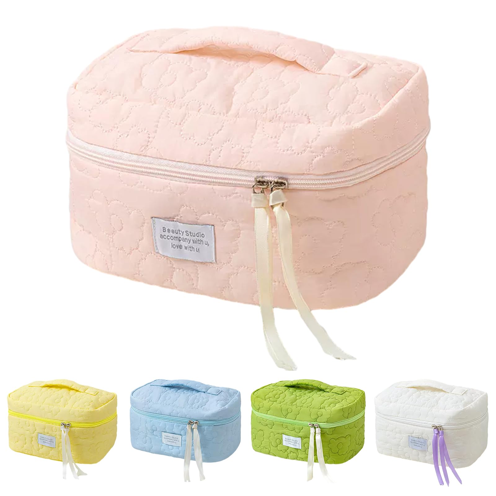 Floral Makeup Case, Cotton Inserts Puffy Quilted Makeup Toiletry Bag, Large Capacity Cosmetic Pouch, Daily Travel Use Skincare Bag with Handles,