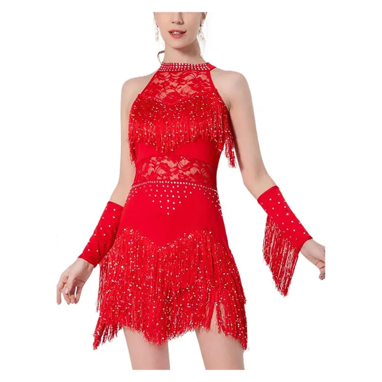 Lateinische Tanzkleidung Frauen Strass Spitze Latin Kleid Fransen Rock Ballsaal Salsa Samba Rumba Dancewear Party Bühne Kleidung Anzug und Armband(Red,M)