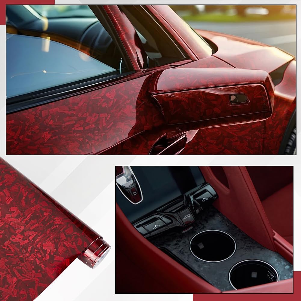 BENECREAT 10ft x 1ft Red Forged Carbon Fiber Vinyl Wrap, PVC Car Wrap Film, PVC Self-Adhesive DIY Auto Sticker Decal for Car Auto Vehicle Morotcycle image 5