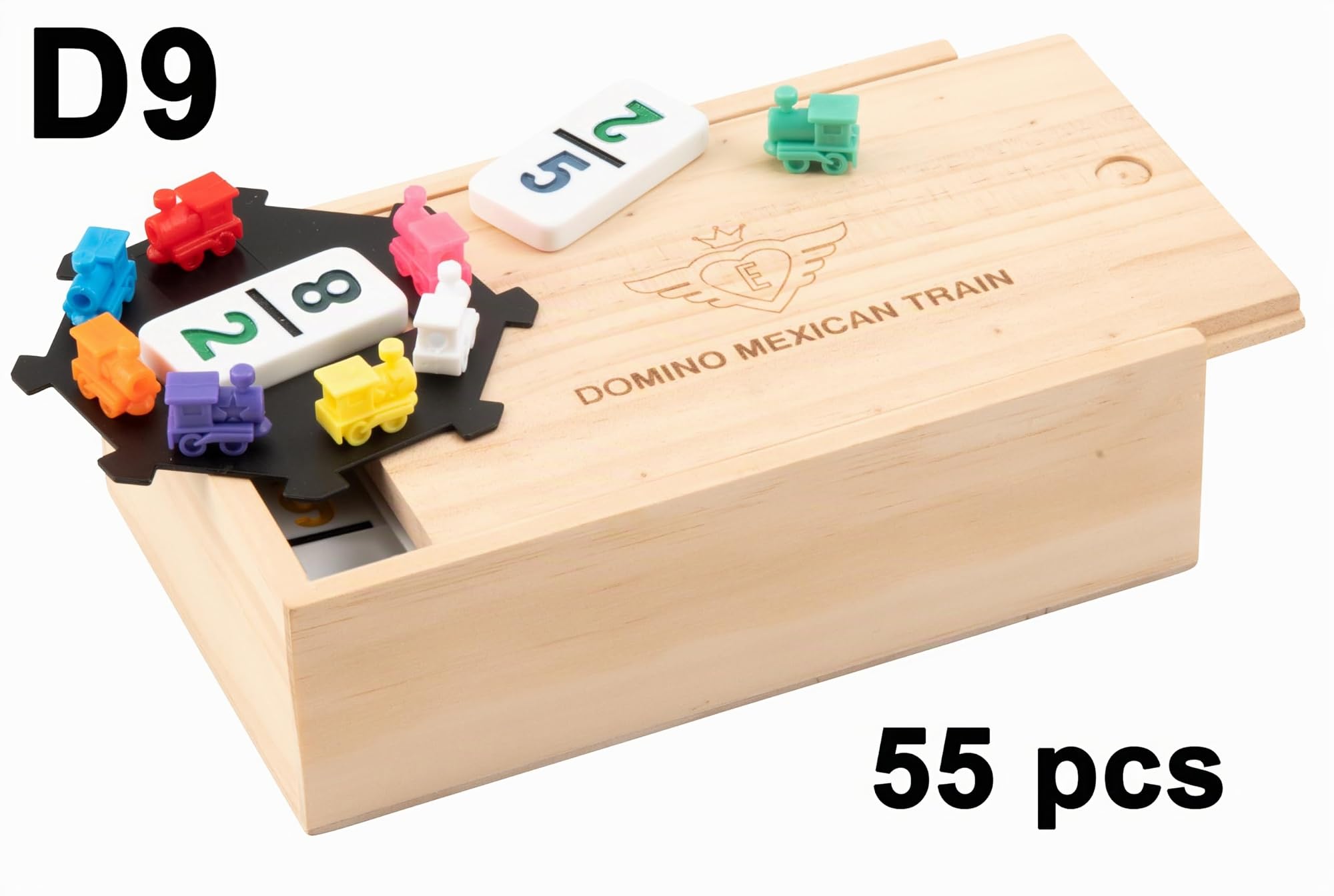 Engelhart - 250126 - Domino Mexicain Train - Nombres - Double 9, Petit modele Premium - Jeu de Société Familial - Chiffres - 55 Dominos 8 mm + 8 Trains - 2 à 4 Joueurs - + 3 Ans