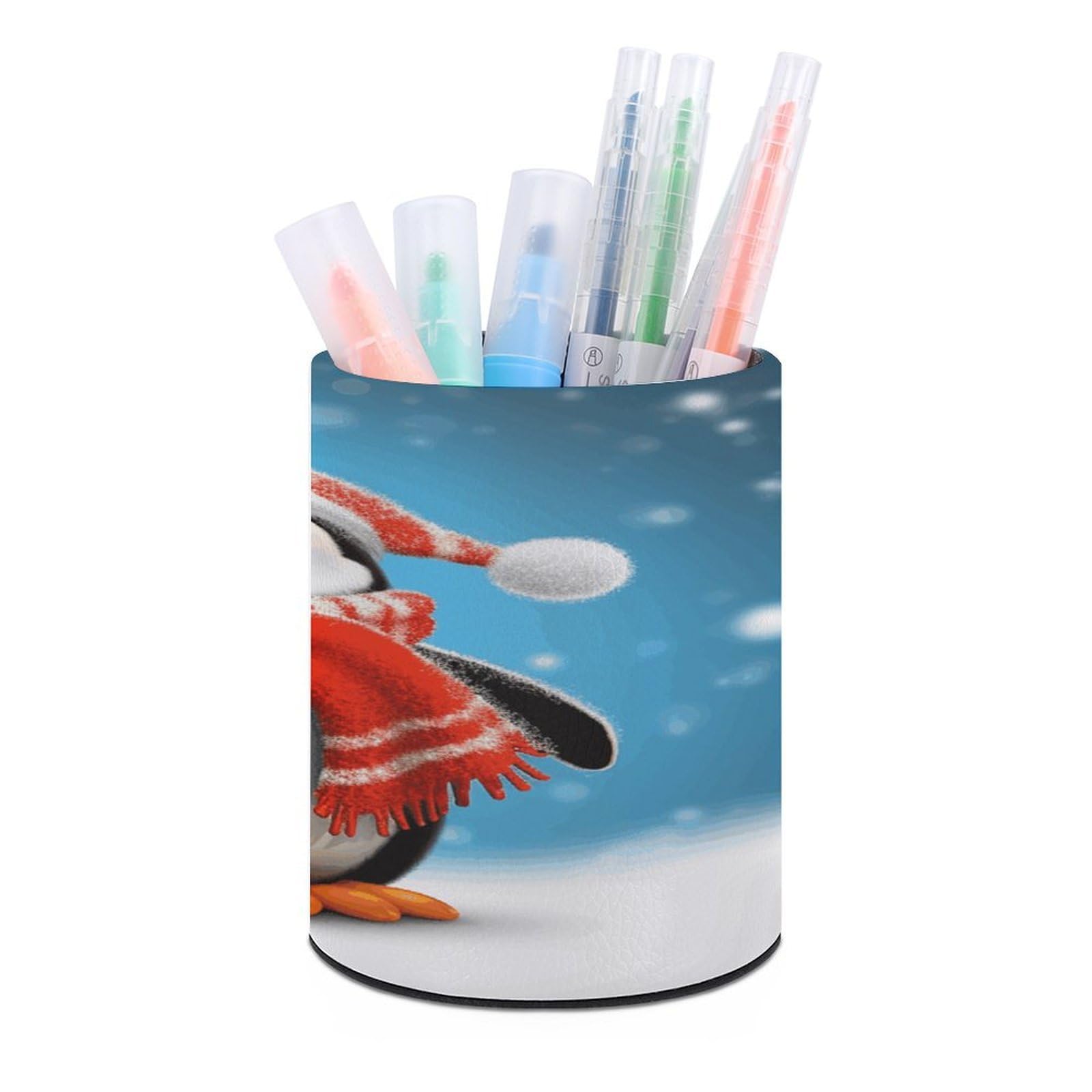 JTREHY Christmas Funny Penguin Pen Holder Round Pen Pencil Holder Makeup Brush Holders Cup PU Leather Pencil Cups Desktop Caddy Stationery Organizer Case Office Accessories Container Box