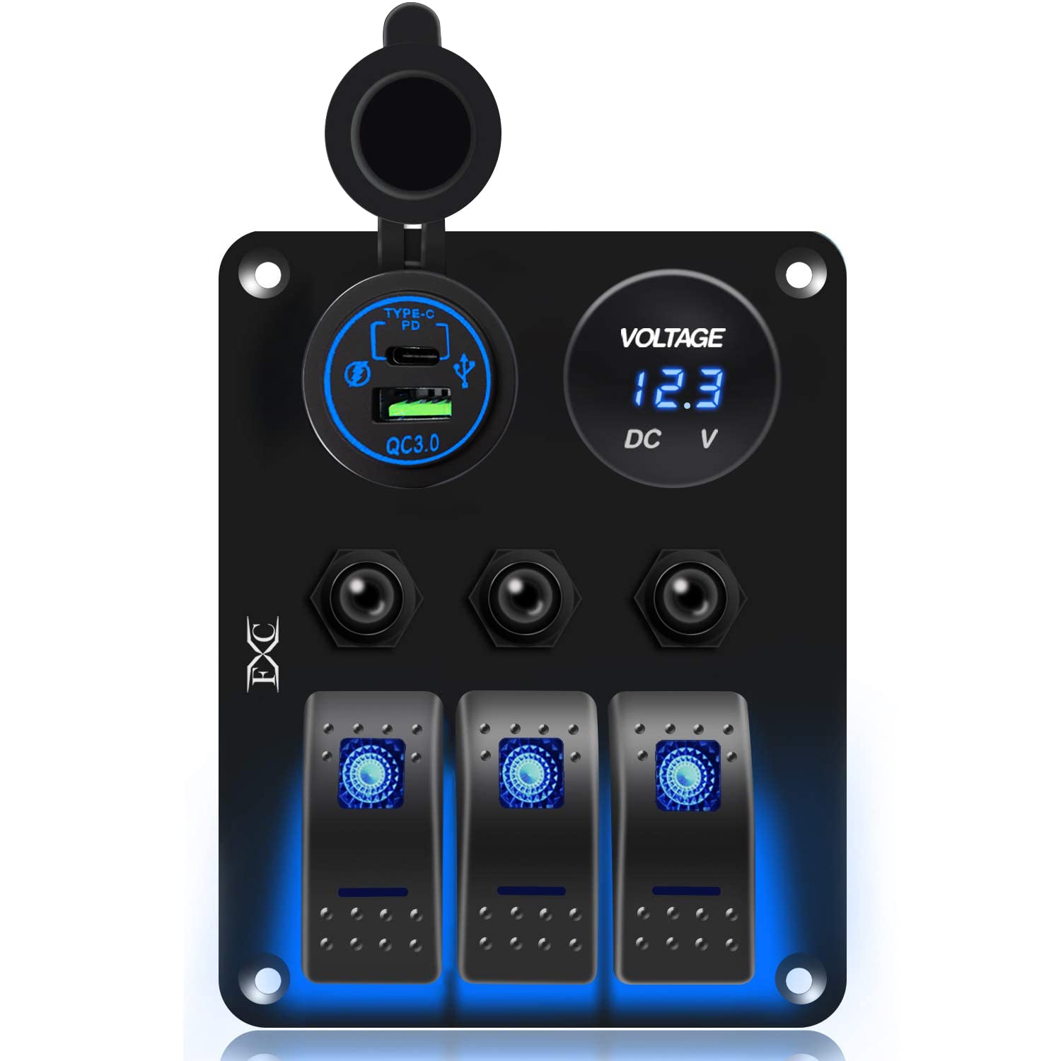 FXC Waterproof Marine Boat Rocker Switch Panel 3 Gang with Dual USB (QC 3.0 & Type C)+ LED Voltmeter with Overload Protection for Car Rv Vehicles Truck Boat(3 Gang Blue LED)