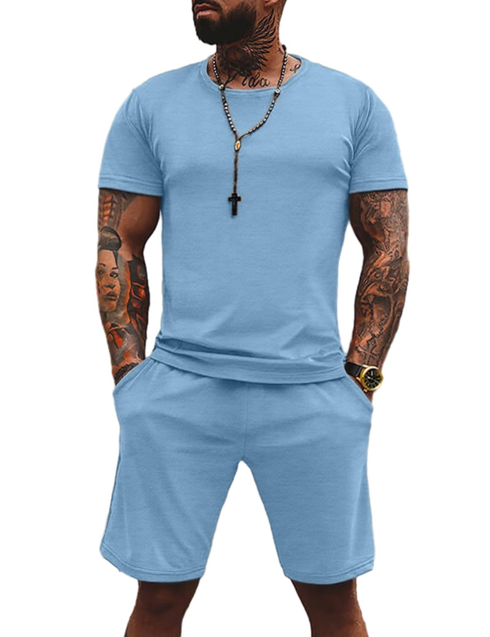 Uni ClauMens 2 Piece Short Outfits Fashion Short Set Summer Tracksuits Casual Set