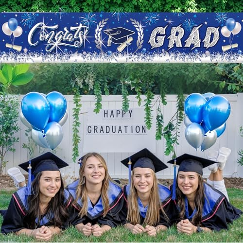 Image of Graduation Decorations, Graduation Banner 2026, Blue and Silver Banner, Large Class of 2026 Party Decoration, Congrats Grad Backdrop Yard Sign for Senior Commencement Indoor Outdoor Wall Yard 300*50cm