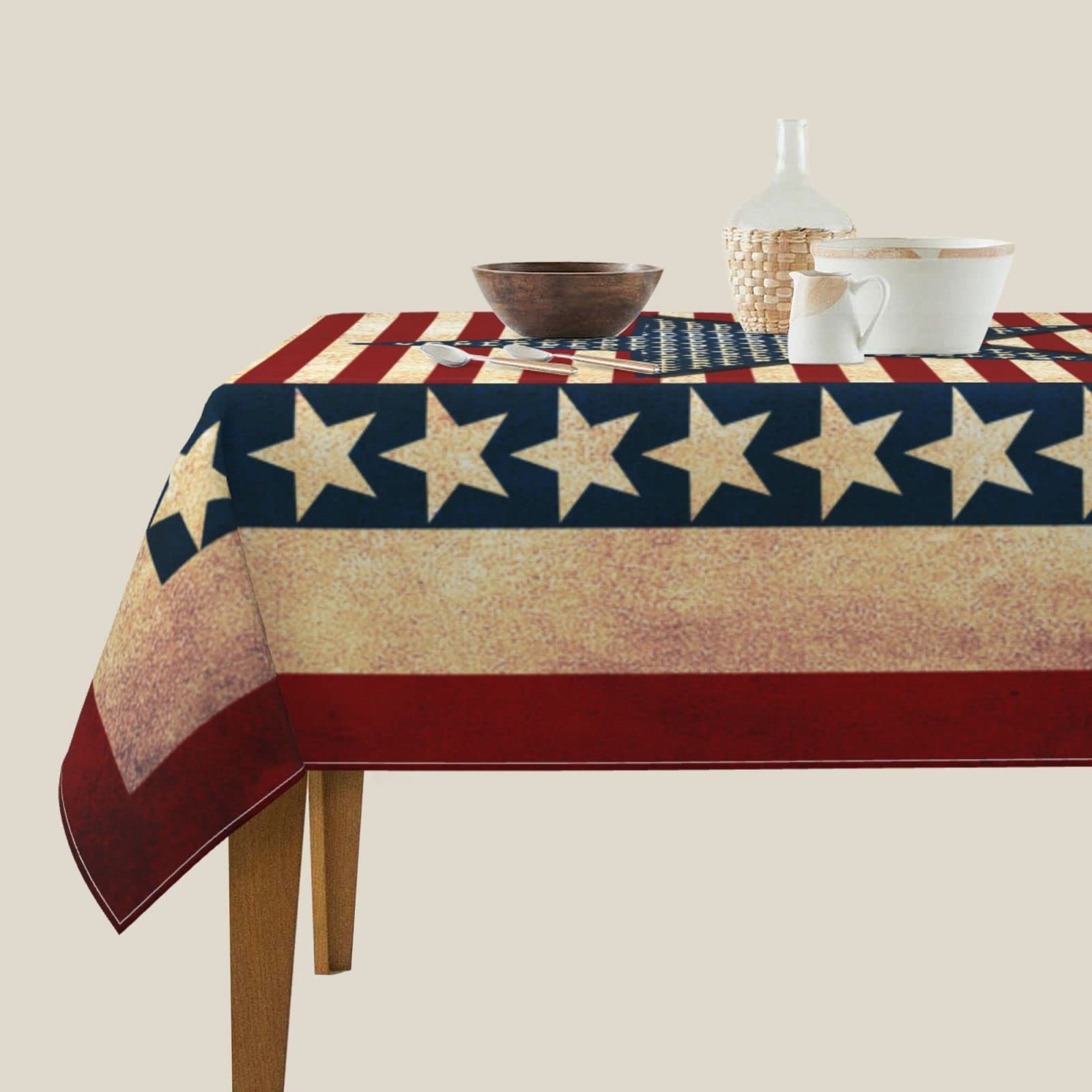 USA American Flag July 4th Memorial Day Patriotic Waterproof Picnic Party Square Table Cloth Cover Decorations Fabric 60 X 60 Inches square Tablecloth for 30-46 Inch Home Dining Room Kitchen Decor