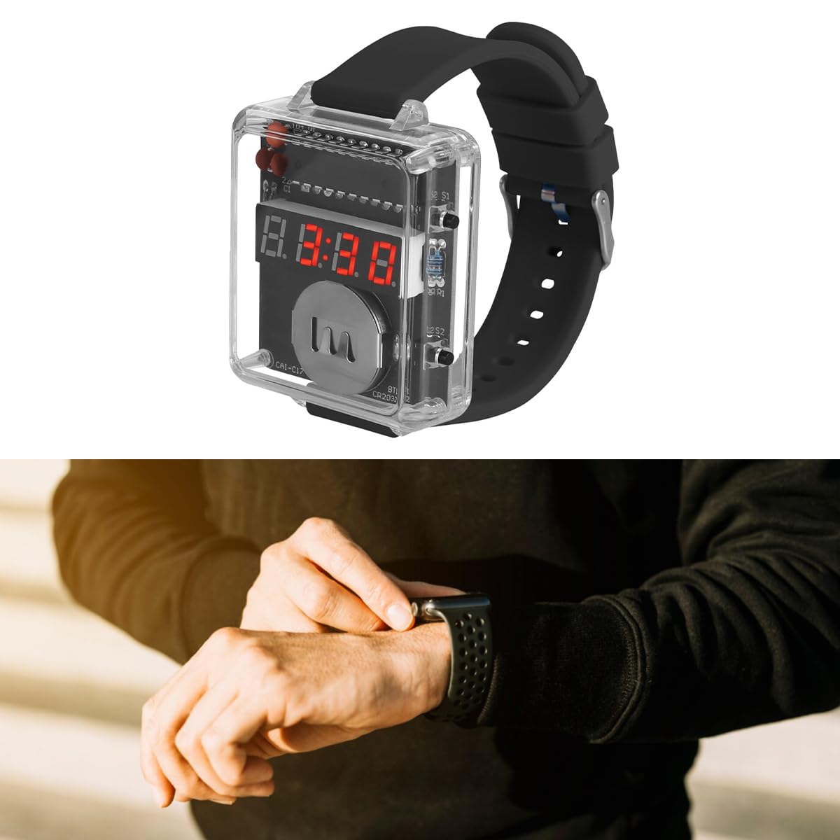 DIY-Lötset für eine Uhr mit 4-stelliger Anzeige, Lötprojekte mit transparentem Gehäuse, Bausatz für Schule und Schüler, inklusive Batterie (Schwarz)