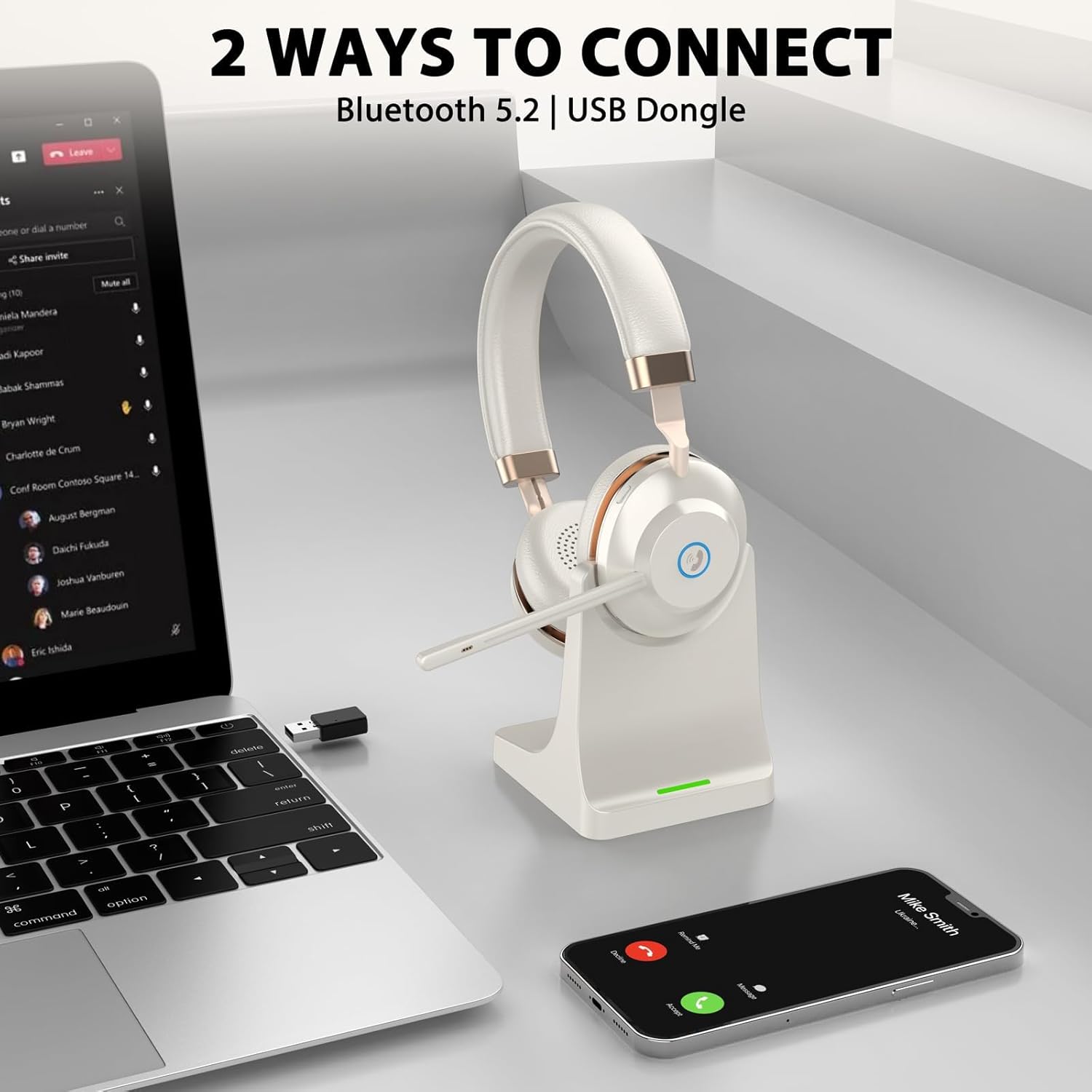 Wireless Headset with Mic for Work, Bluetooth Headset with Microphone Mute & USB Dongle, 45HrsWireless Headphones with Mic Noise Canceling& Charging Dock for WFH/Call Center/PC/Teams/Trucker/Office