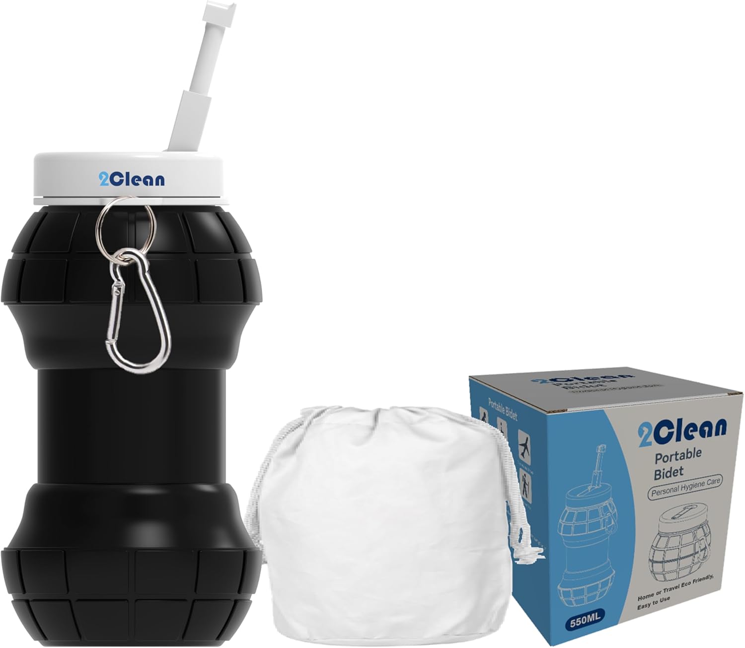 2Clean Portable Bidet Travel-Collapsible & Expandable 550ml | Peri Bottle for Women, Travel Bidet Portable, Handheld Bidet, Portable Bidet for Women, Hand Held Bidet, Bidet Bottle, Camping Bidet Black