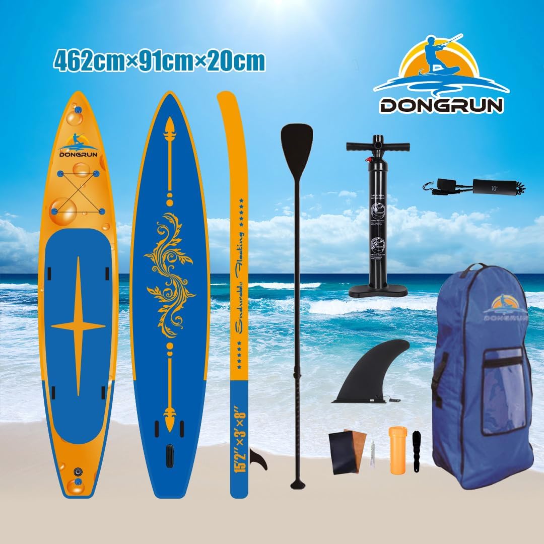 DONGRUN Inflatable Multi-Persons Stand Up Paddle Board 15'2""*36""*8"" with Reinforced Single Layer PVC Accessories Include Waterproof Backpack Wood Grain Aluminum Paddle Fins Leash and Pump, yellow