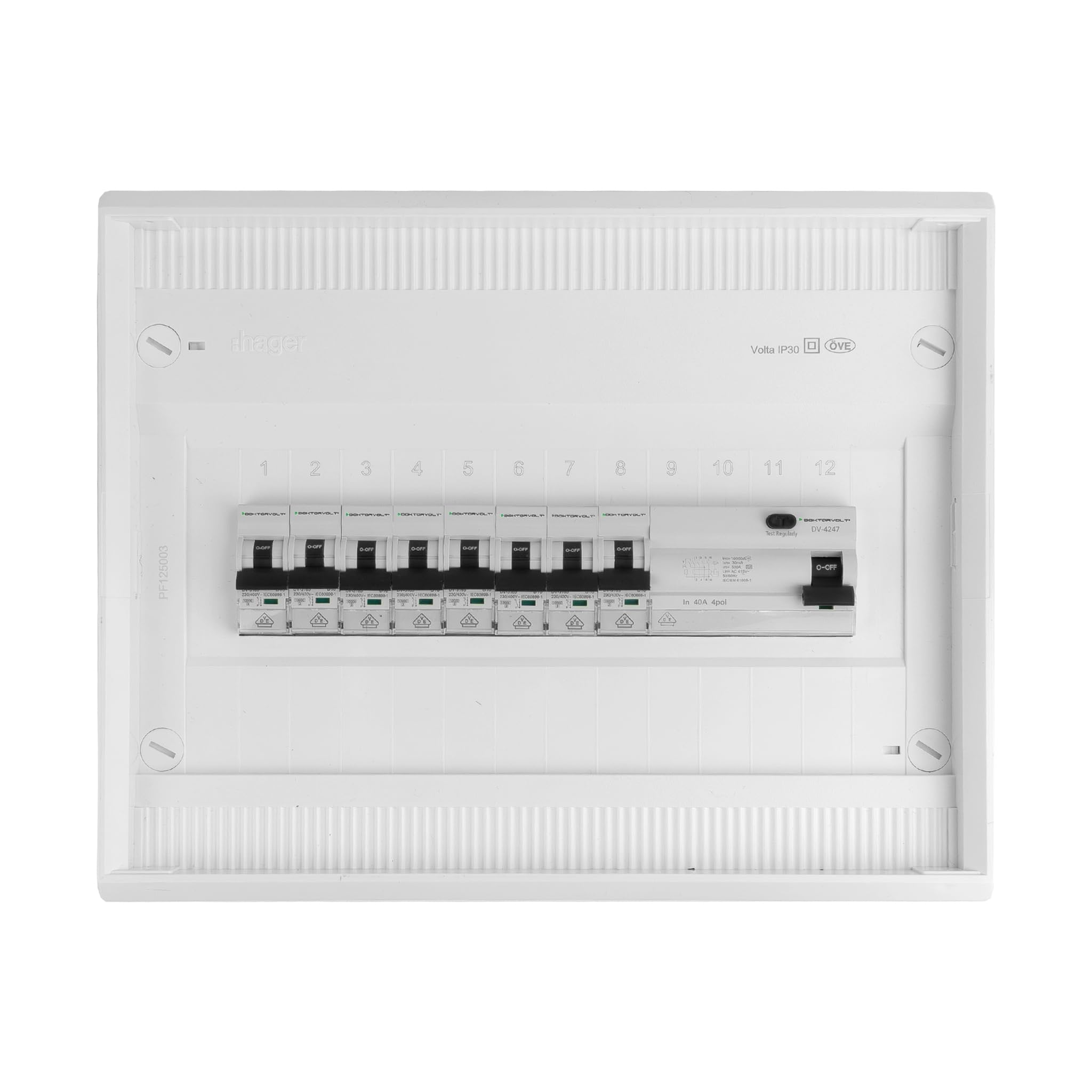 Doktorvolt Sicherungskasten Aufputz 1-reihig 12 Module – Verteilerkasten verdrahtet mit 8x MCB 1x RCCB VDE geprüft IP40 Hager Verteilerschrank 245x305x96,5 mm für Haus Garage und Werkstatt