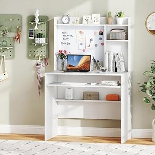 Giantex White Desk with Hutch, Small Computer Workstation with Bookshelf, Magnetic Whiteboard, PC Laptop Desk with Keyboard Tray & Cable Hole, Writing Desk for Small Spaces, Bedroom, Home Office