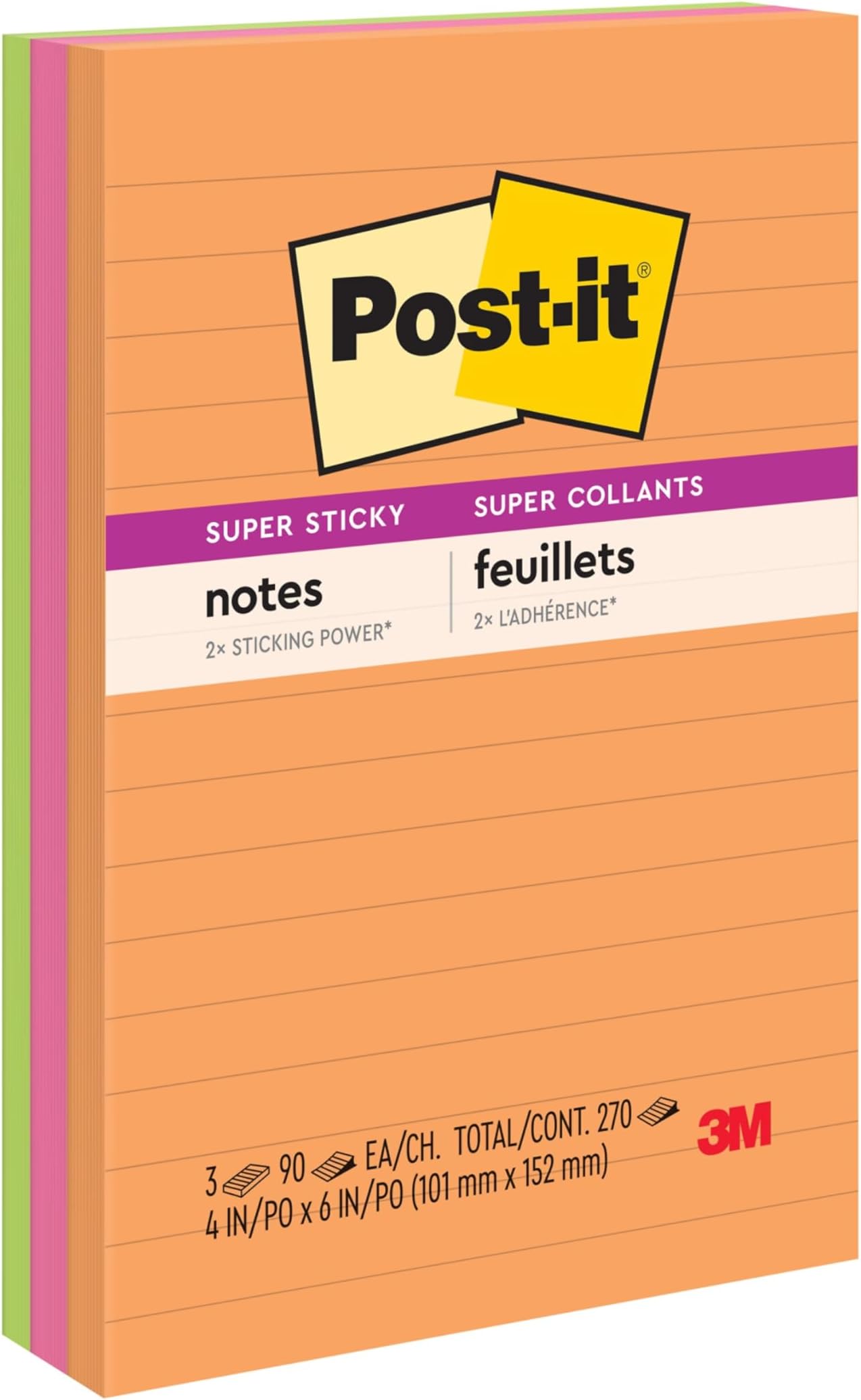 Super Sticky Notes, 4 x 6 in, Neon Fizz, 3 Lined Pads | School Supplies and O๏ฌce Supplies, 2X the Sticking Power