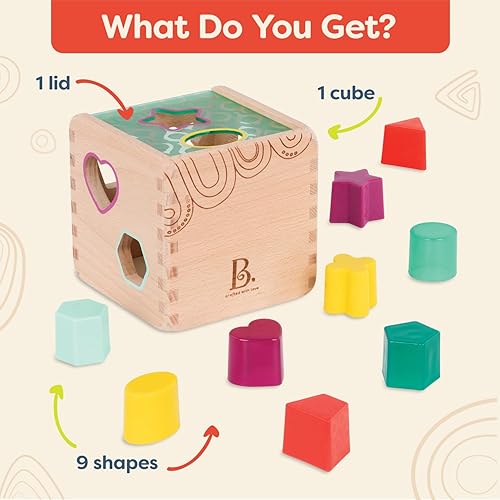 Miniatura 6 de B. toys Wonder Cube - Juguete de desarrollo - Cubo clasificador de formas de madera - 9 formas coloridas - Juguete educativo de madera para niños
