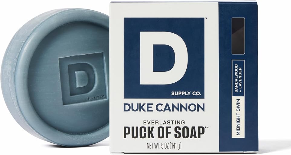 Duke Cannon Supply Co. Bar Soap Puck - Men's Rounded Bar Soap with Masculine Scents - Disc-Shaped Mens Soap - Hydrating & Deep Cleaning - All Skin Types - Midnight Swim, 5 oz | Sandalwood + Lavender Scent - Disc-Shaped, Triple-Milled Men's Bar Soap - Hydrating & Deep-Cleansing Bath Bar