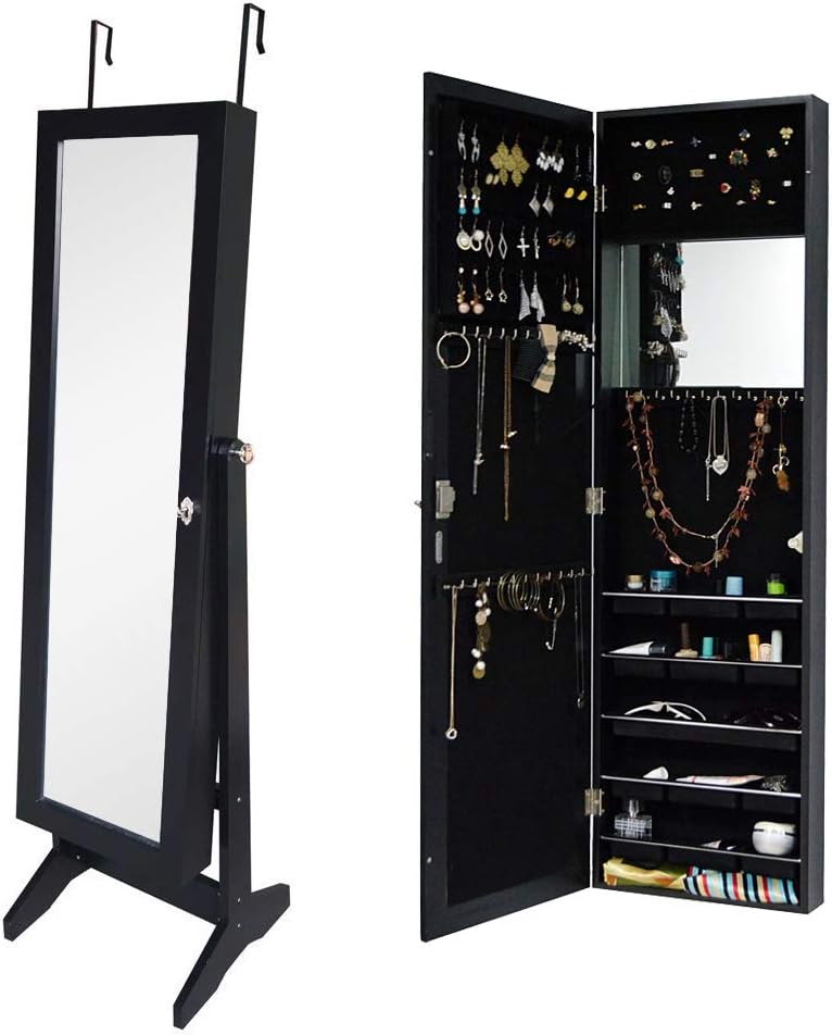 Organizedlife Black Free Standing Wall/Door-Mount Mirror Jewelry Armoire Cabinet for Dressing Room