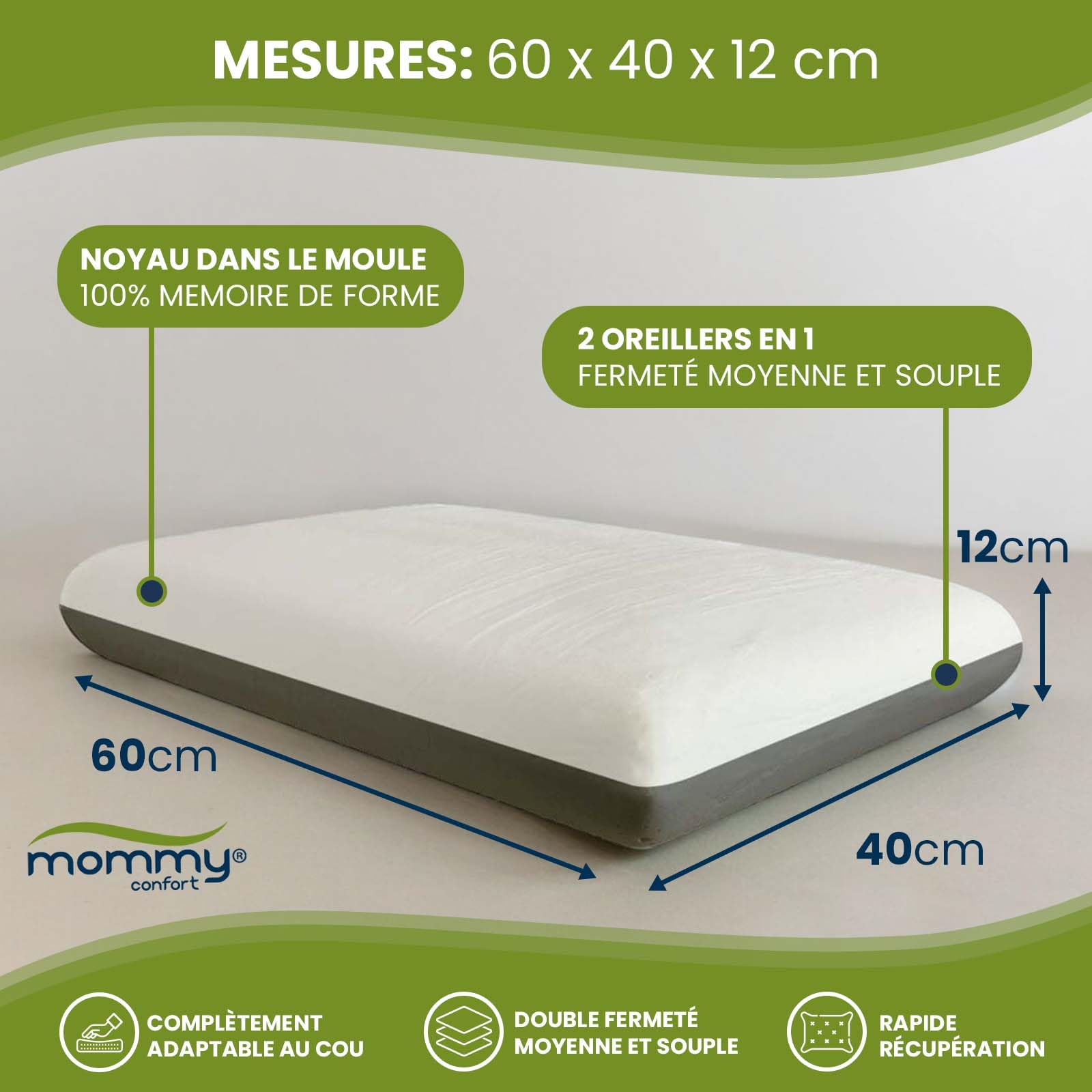 Oreiller Mémoire Forme 40X60 Double Confort Côté Noir Moyen Et Côté Blanc Doux Soutien Tête Cervicales Housse Bambou Lavable Coussin Ergonomique Cervical Oeko Tex