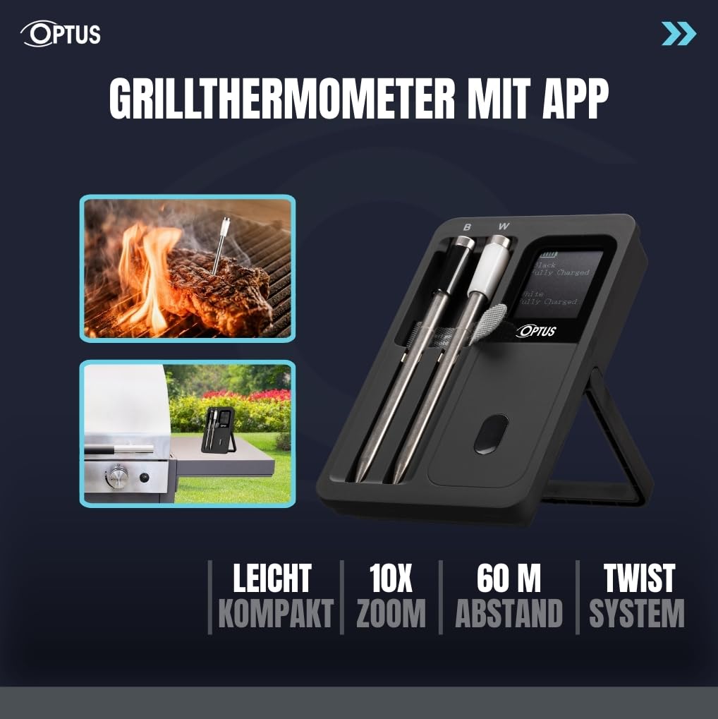 Optus Termometro Bluetooth per barbecue con 2 sonde wireless, controllo app, display IP67, allarme di temperatura, portata 60 m