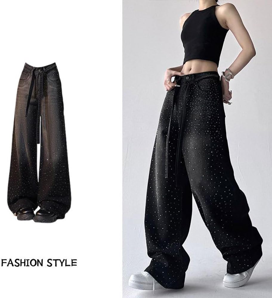 LAFOURAM Petite Jeans for Women 5 FT Short Wide Leg Baggy Rhinestone Bling Bedazzled Denim Pants