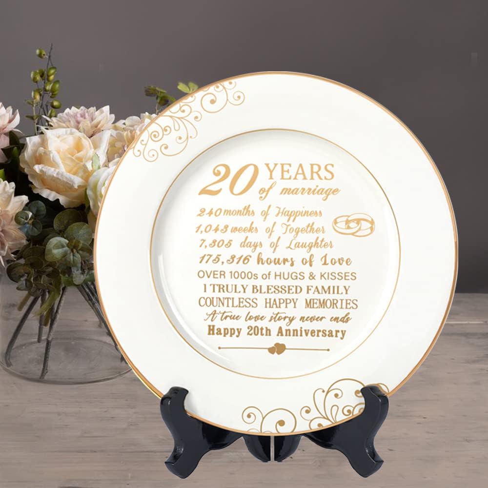 20 Year Anniversary Plate with 24k Gold Foil Decorations - 20th Anniversary Wedding Gifts for Wife Couple Him Her Husband, Ceramic 9"