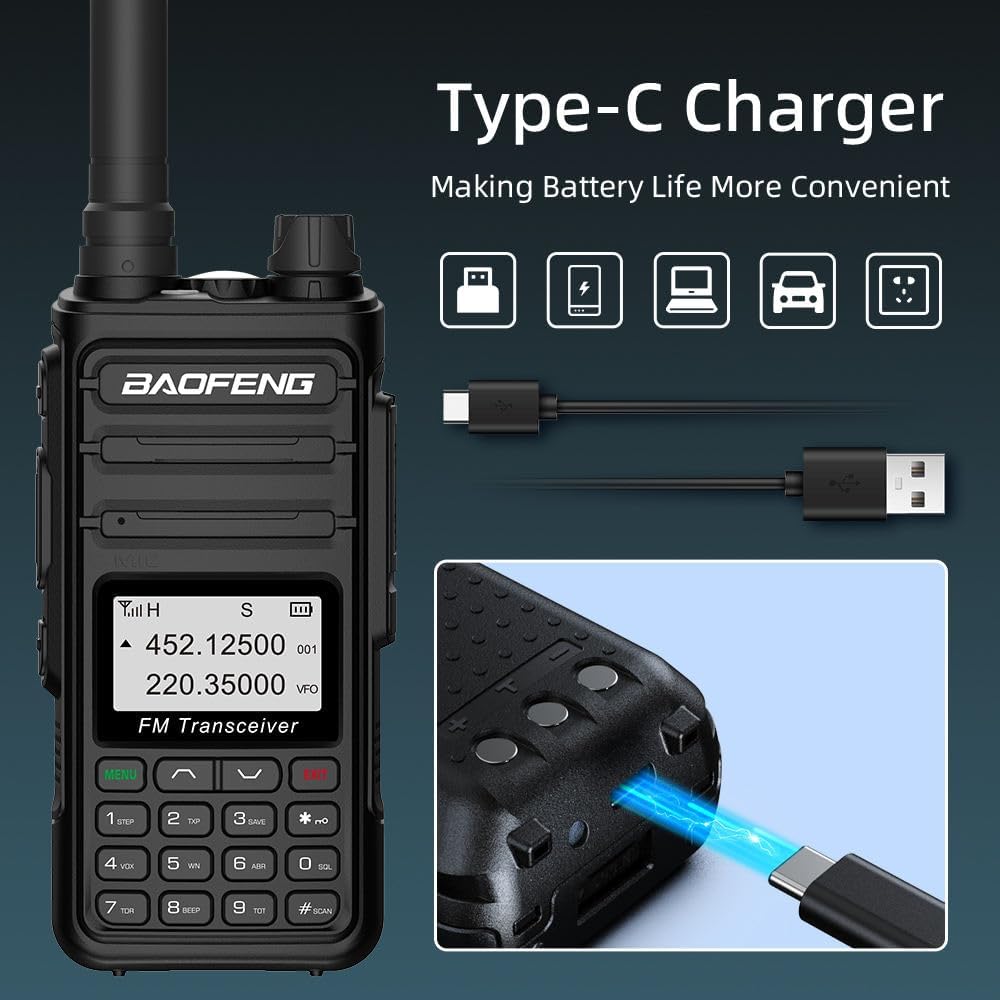 Image showing the Baofeng K5M radio with a Type-C USB cable connected for charging, highlighting the convenience of Type-C charging.
