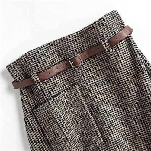 Women's Korean-Style High-Waist Vintage Plaid Belted Slim-Fit Knit Wool Midi Skirt3