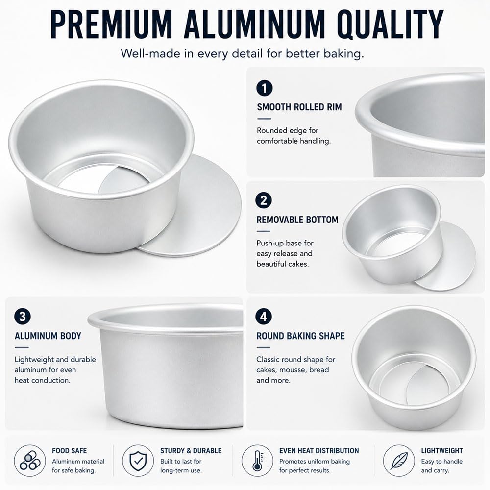 6 Piezas Moldes Reposteria Aluminio Anodizado 10/13/15/18/20/25 cm | Redondo Molde para Pastel con Base Extraíble, Molde Bizcocho Alu Anodizado para Capas de Tarta, Argento