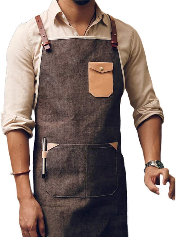 Coffee Shop Restaurant Apron Leather Denim Apron Men and Women Leather Strap Apron,Professional Apron - Durable, Comfortable