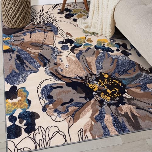 Rugshop Cream Bright Flowers Non Slip Non-Shedding Area Rug for