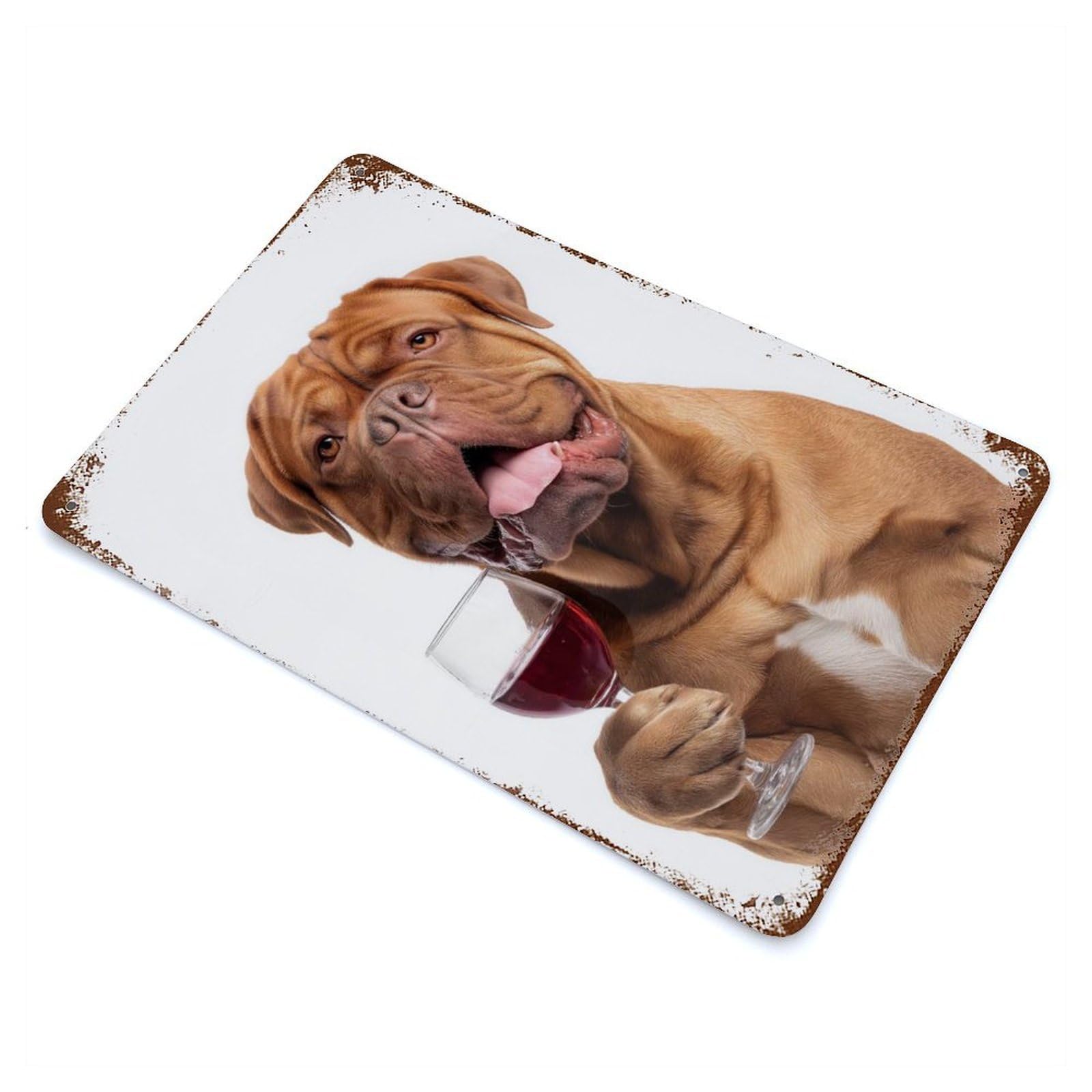 Rust Effect Dogues De Bordeaux Dog with Wine Glass Aged Metal Wall Plaque 11.8"x7.9", Shabby Chic Decor for Basement, Hobby Room And Garage Decor