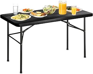 Bblife 4Ft Plastic Wooden Grain Folding Picnic Party Table, Indoor Outdoor Portable Heavy Duty Table of 74cm Fix Height, Kitchen or Camping Barbecues Picnic Party, Black