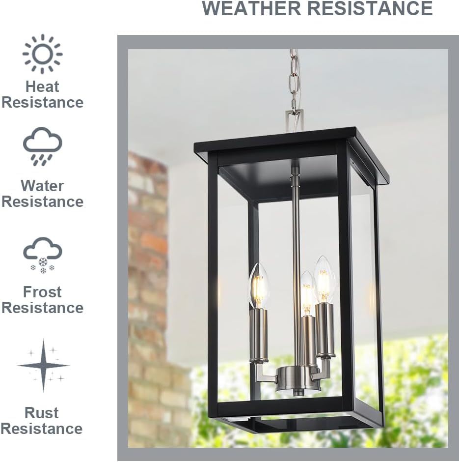 3-Lights Outdoor Pendant Light Fixtures, Modern Large Hanging Exterior Lantern Lighting with Adjustable Chain, Farmhouse Outdoor Ceiling Porch Chandelier for Doorway Yard, E12 Bulb Base
