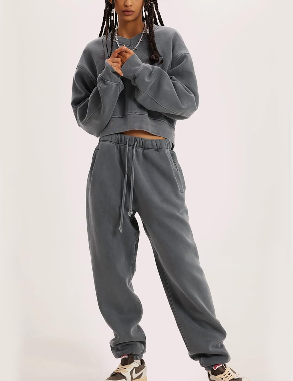 Flygo Women Sweat Set Sweatsuit Fleece 2 Piece Joggers Tracksuit Outfits Crop Sweatshirt Sweatpants Sets - Image 4