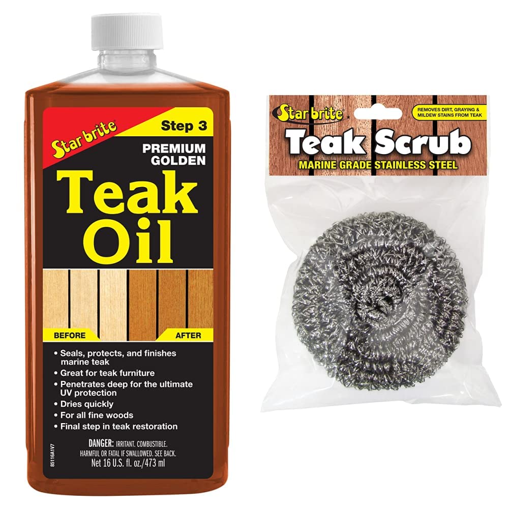 STAR BRITE Premium Golden Teak Oil - Sealer, Preserver &amp; Finish for Outdoor Teak &amp; Other Fine Woods - Step 3-16 OZ (085116PW) &amp; Stainless Steel Teak Scrub - Refinish Wood Furniture &amp; Teak (088450)