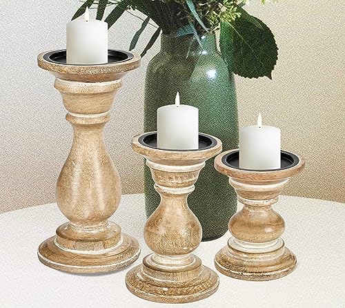 Candleholderstandwoodencandelabracandleholderunitycandleholderroundedturnedcolumscountrystyleidealforgiftweddingchristmaspartyhome1086inchsetof3whitewash  Urban Country Home Decor Candle holder stand wooden candelabra candle holder unity candle holder rounded turned colums country style ideal for gift wedding christmas party home 1086 inch set of 3 white wash  urban country home decor