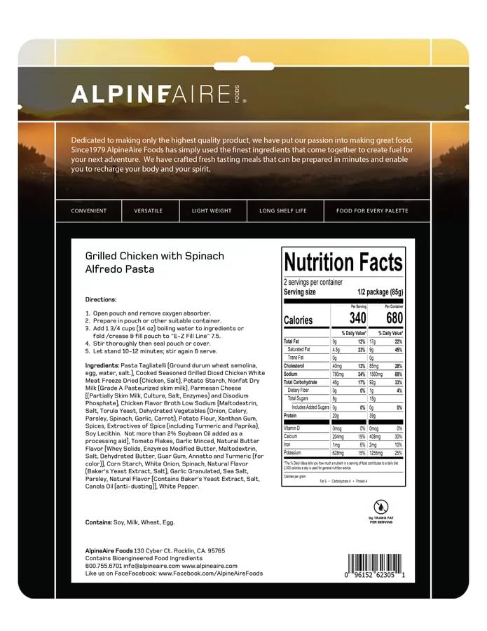 AlpineAire Grilled Chicken with Spinach Alfredo Pasta 6 Oz Freeze-Dried Meal, 680 Calories, 39g Protein, Gluten Free 2 Servings Made in USA Perfect for Camping, Hiking and Emergency Food Pack of 1