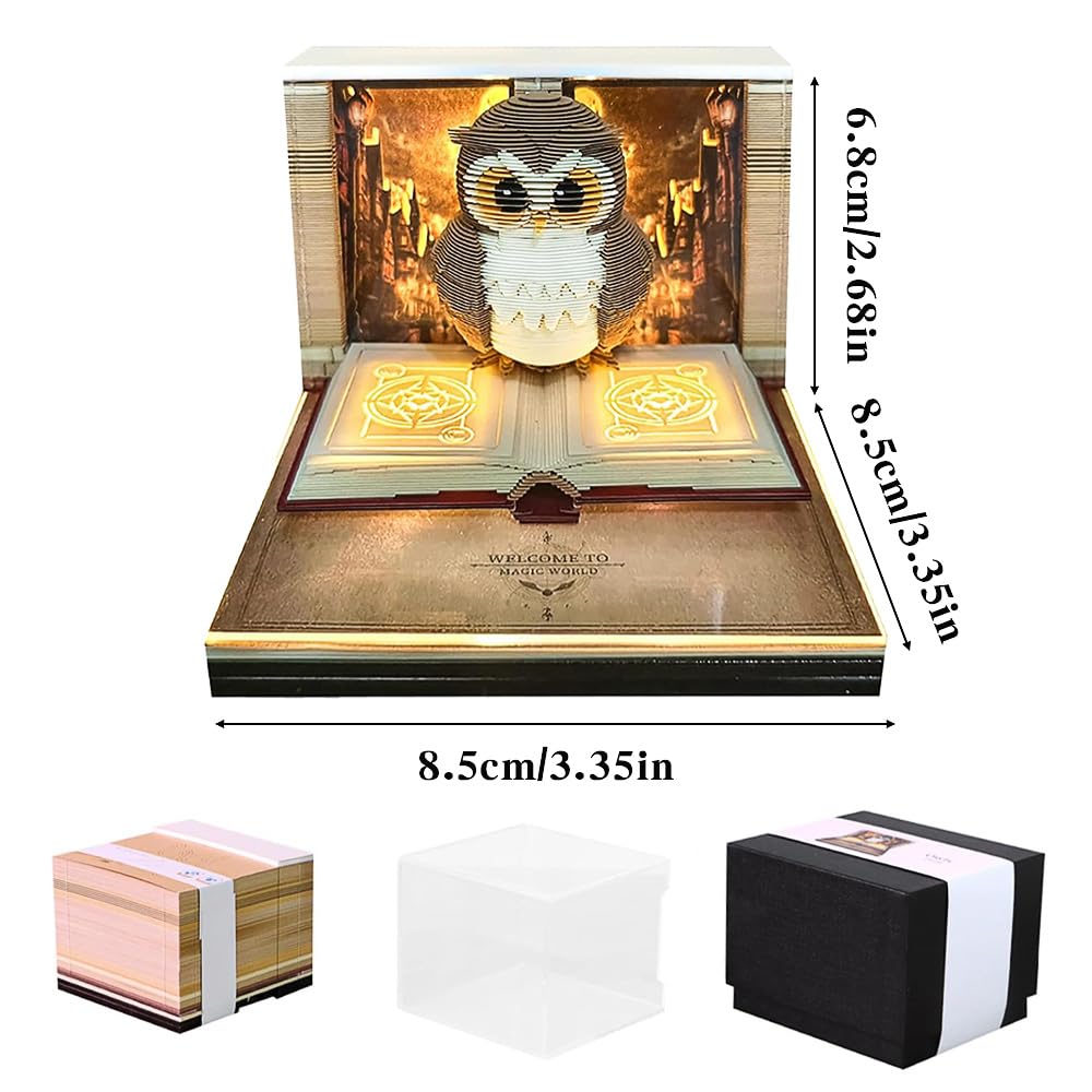 RNPKZ 3D Calendar 2026, Owl-shaped Time Piece Calendar, Tear Away Carving Time Piece Notepad with LED Lights, DIY 3D Memo Pad Paper Carving Art for Christmas Thanksgiving Offices Desktop Decoration - Image 2