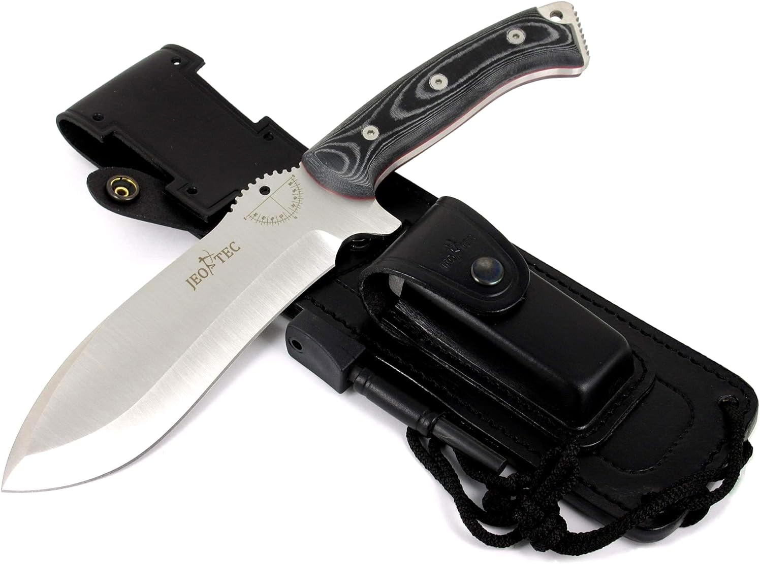 JEO-TEC Nº55 Full Tang Bushcraft Survival Hunting Camping Fishing Knife, Fixed Blade 6.7" MOVA-58 Scandi, Genuine Leather Multi-Position Sheath + Firesteel + Sharpener Stone, Handmade
