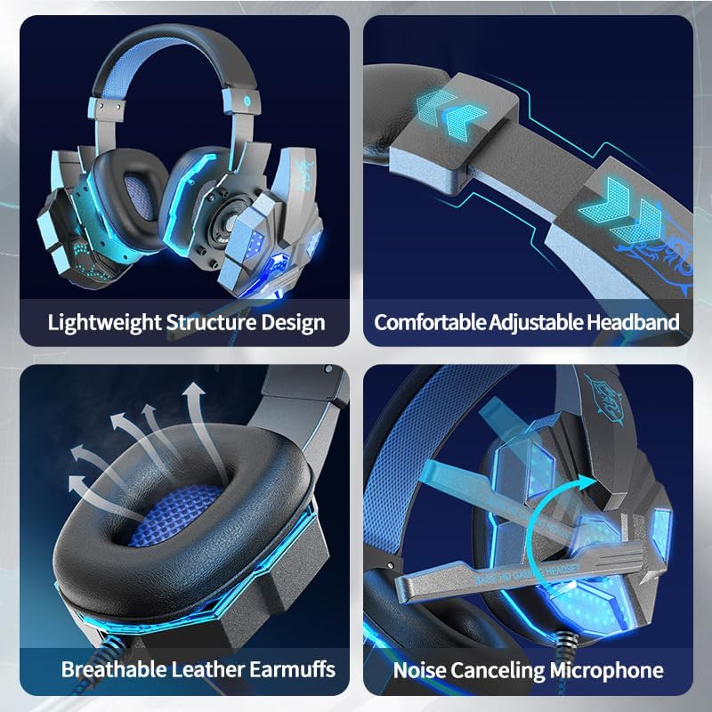 Stereo Gaming Headset for PS4 PC Xbox One PS5 Controller, Noise Cancelling Over Ear Headphones with Microphone, LED Light, Bass Surround, Soft Memory Earmuffs Computer Gamer Headset