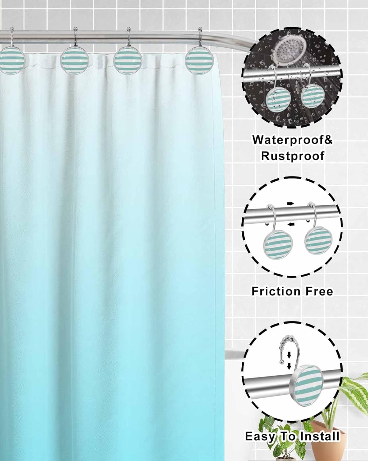 Shower Curtain Hooks Set of 12 Teal Geometric Stripes Crystal Glass Shower Curtain Rings for Bathroom Decorative Stainless Steel Rust Proof Roller Shower Curtain Hangers