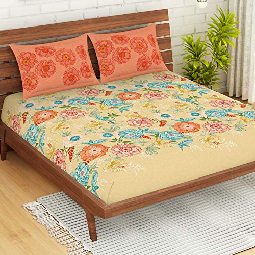 Image of Spaces Atrium Plus 210 TC 100% Cotton King Size Fitted Double Bedsheet with 2 Pillow Covers (Floral, 72 inch X 78 inch Inches ) - Beige