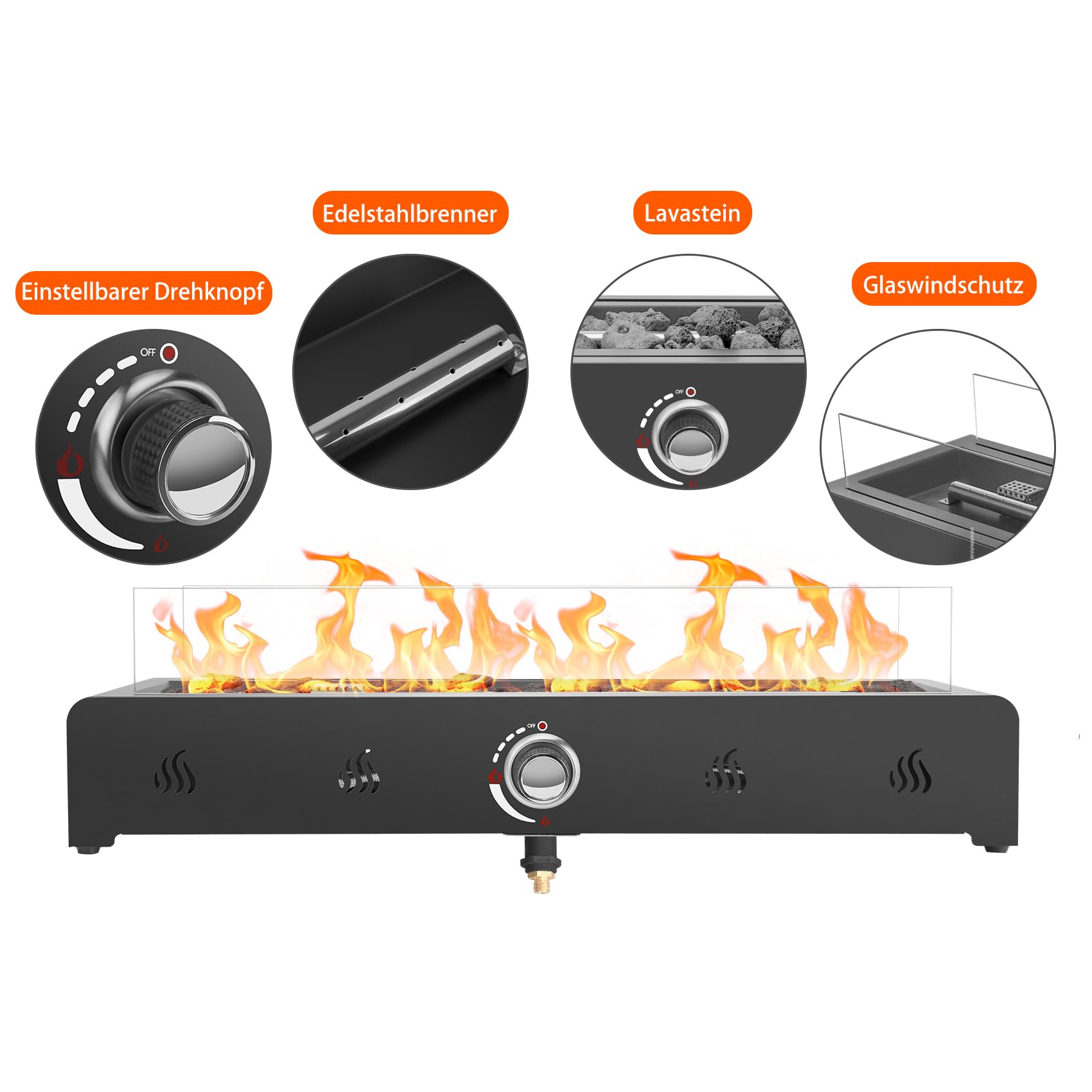 onlyfire 72cm Tisch-Gas-Feuerstelle, 6.5 kW Propan Gas Terrassenfeuer Tischkamin mit Unterer Lufteinlass, Glaswindschutz & Lavastein, Rechteckig Tischfeuerstelle Outdoor für Terrasse Garten