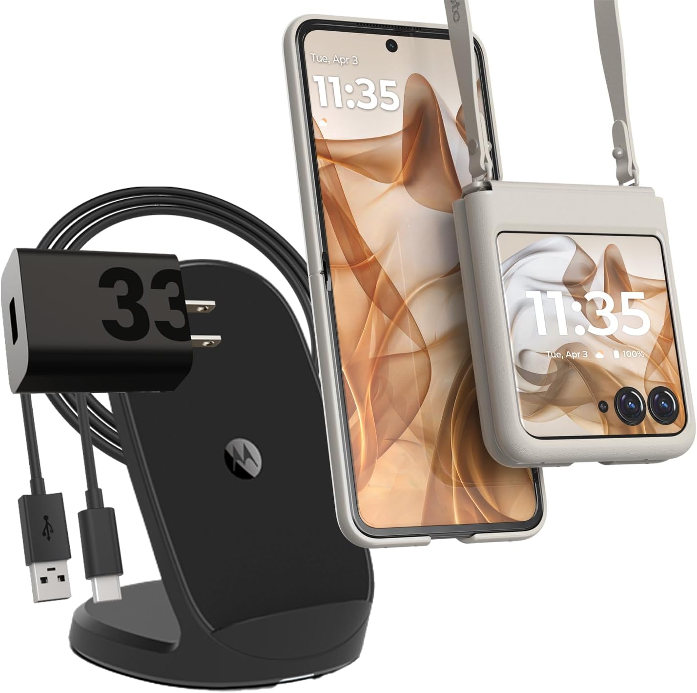 Motorola Razr 2024/2025 Beach Sand Grey Adjustable Cross Body Case + TurboPower Wireless Stand + 33W Charger
