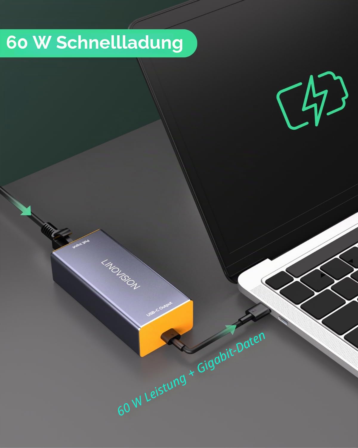 LINOVISION Injecteur PoE++ 10G BT90W et Convertisseur PoE++ 60W vers USB-C | Injecteur PoE++ 10G BT90W avec Affichage de la Puissance PoE en Temps Réel, Convertisseur 60W vers USB-C compatible Sorties