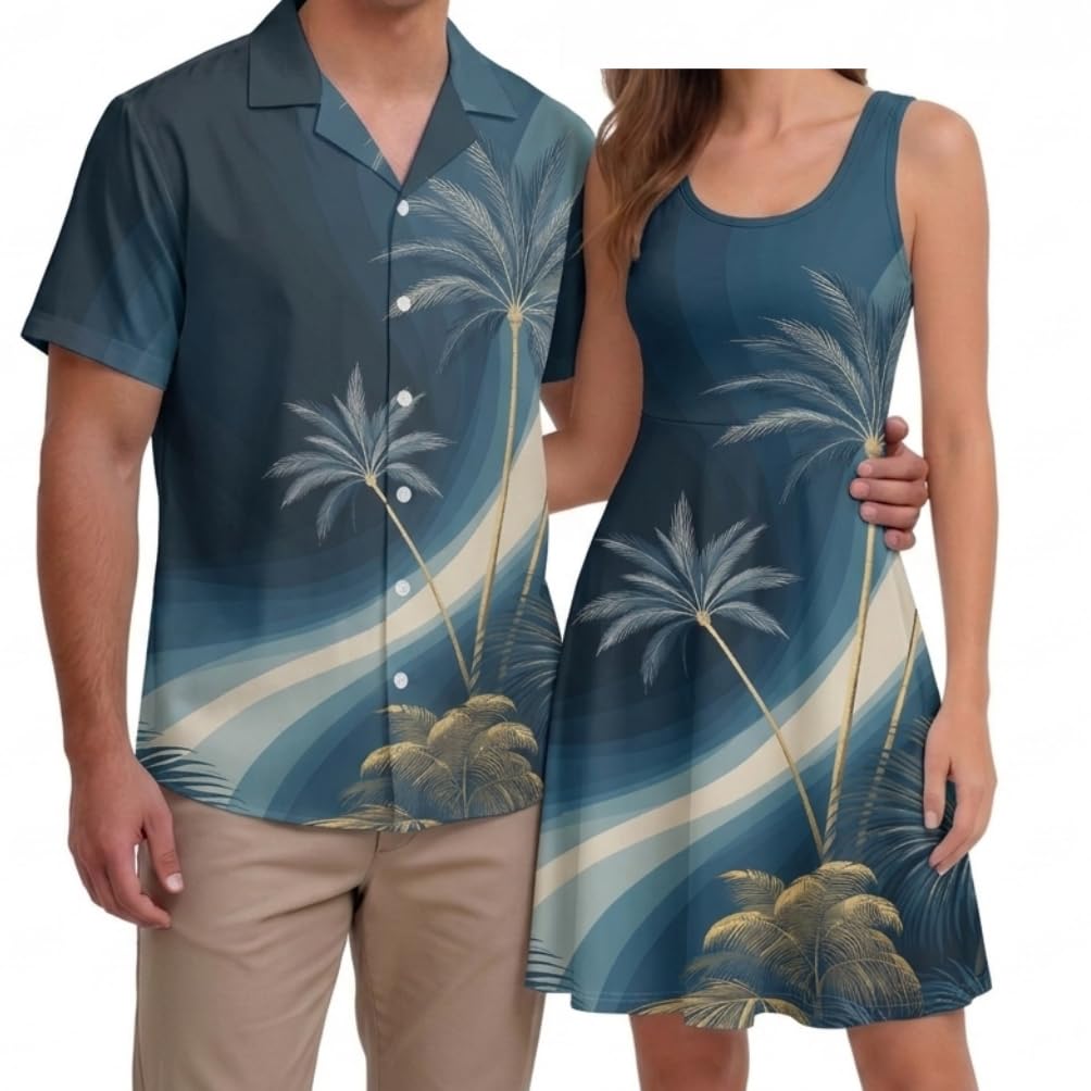 Hawaii Matching Couple Outfits Husband and Wife Clothing Fashionable Mens Casual Shirts Hawaii Dress with Soft Fabric