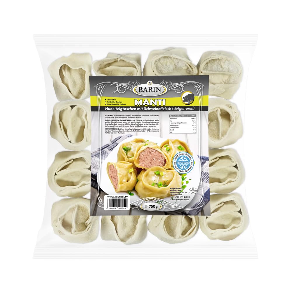 BARIN-Set: 3 x MANTI mit Schweinefleisch, Gesamt Netto 2,25 kg, Handgefertigte Teigtaschen mit Hackfleisch und Zwiebeln, Tiefgefrorenes Fertiggericht, Ideal für Großfamilien