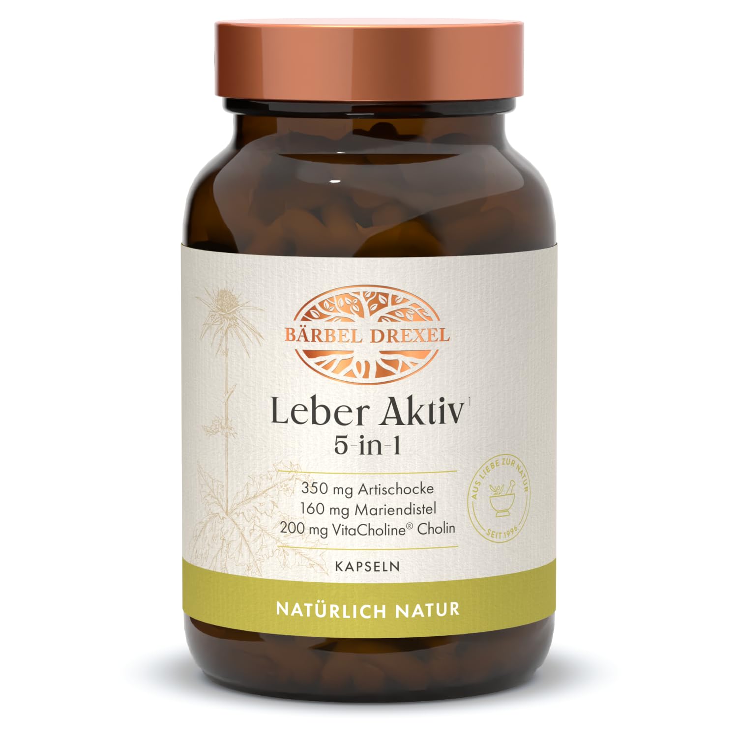 BÄRBEL DREXEL Leber Aktiv 5-in-1 Kapseln mit Cholin, Mariendistel, Löwenzahn, Artischocke, Piperin, Zink, Vitamin E, Selen (60 Stk) Leber Kapseln Naturheilkunde Bitterstoffe