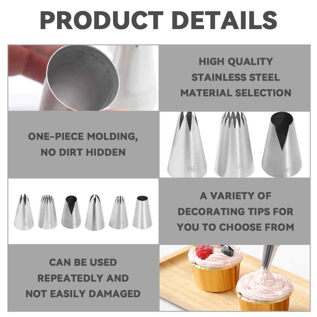 Set 4 Bocchette Per Torta In Acciaio Inox - Ugelli Per Decorare Biscotti E Cupcake (2D, 1A, 1M, 895)